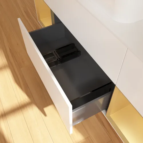 Bild von VILLEROY BOCH Finion Waschbeckenunterschrank, mit Beleuchtung, 4 Auszüge, 1600 x 603 x 501 mm, White Matt Lacquer / Gold Matt Lacquer / Glass White Matt #F741HFMT