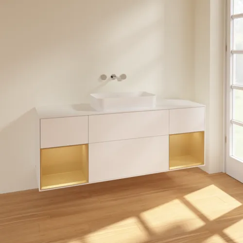 Bild von VILLEROY BOCH Finion Waschbeckenunterschrank, mit Beleuchtung, 4 Auszüge, 1600 x 603 x 501 mm, White Matt Lacquer / Gold Matt Lacquer / Glass White Matt #F741HFMT