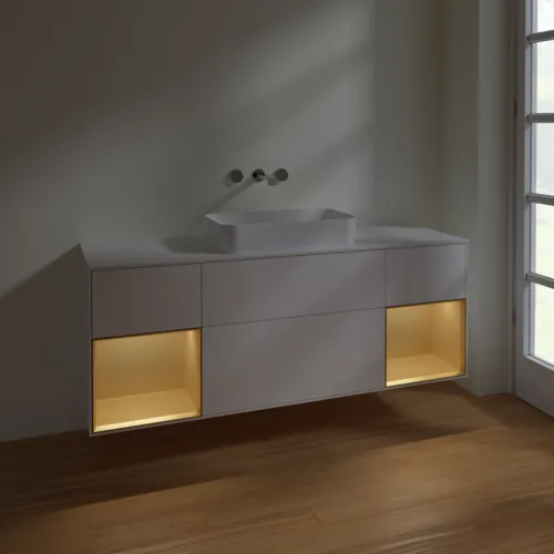 Bild von VILLEROY BOCH Finion Waschbeckenunterschrank, mit Beleuchtung, 4 Auszüge, 1600 x 603 x 501 mm, White Matt Lacquer / Gold Matt Lacquer / Glass White Matt #F741HFMT
