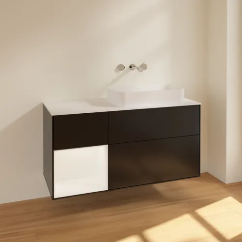 Bild von VILLEROY BOCH Finion Waschbeckenunterschrank, mit Beleuchtung, 3 Auszüge, 1200 x 603 x 501 mm, Black Matt Lacquer / White Matt Lacquer / Glass White Matt #F681MTPD