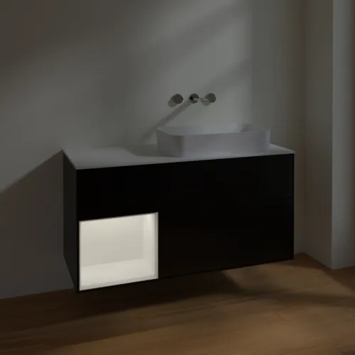 Bild von VILLEROY BOCH Finion Waschbeckenunterschrank, mit Beleuchtung, 3 Auszüge, 1200 x 603 x 501 mm, Black Matt Lacquer / White Matt Lacquer / Glass White Matt #F681MTPD