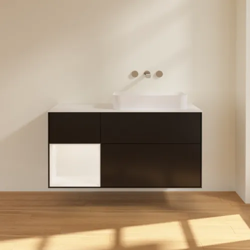 Bild von VILLEROY BOCH Finion Waschbeckenunterschrank, mit Beleuchtung, 3 Auszüge, 1200 x 603 x 501 mm, Black Matt Lacquer / White Matt Lacquer / Glass White Matt #F681MTPD