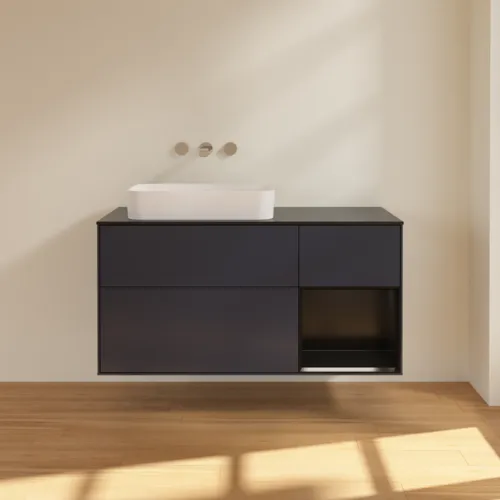 VILLEROY BOCH Finion Waschbeckenunterschrank, mit Beleuchtung, 3 Auszüge, 1200 x 603 x 501 mm, Midnight Blue Matt Lacquer / Black Matt Lacquer / Glass Black Matt #F692PDHG, Bild 2