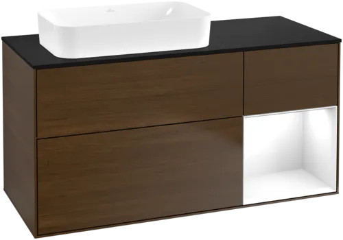 VILLEROY BOCH Finion Vanity unit, with lighting, 3 pull-out compartments, 1200 x 603 x 501 mm, Walnut Veneer / Glossy White Lacquer / Glass Black Matt #F692GFGN resmi