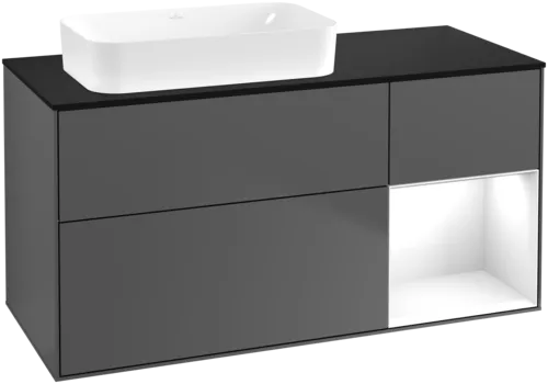 VILLEROY BOCH Finion Vanity unit, with lighting, 3 pull-out compartments, 1200 x 603 x 501 mm, Anthracite Matt Lacquer / Glossy White Lacquer / Glass Black Matt #F692GFGK resmi