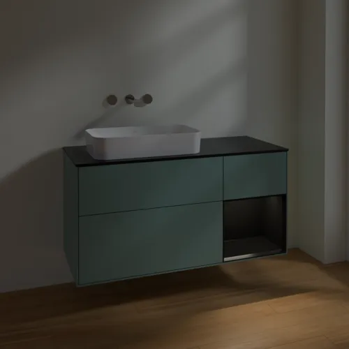 Bild von VILLEROY BOCH Finion Waschbeckenunterschrank, mit Beleuchtung, 3 Auszüge, 1200 x 603 x 501 mm, Olive Matt Lacquer / Black Matt Lacquer / Glass Black Matt #F692PDGM