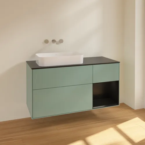 Bild von VILLEROY BOCH Finion Waschbeckenunterschrank, mit Beleuchtung, 3 Auszüge, 1200 x 603 x 501 mm, Olive Matt Lacquer / Black Matt Lacquer / Glass Black Matt #F692PDGM
