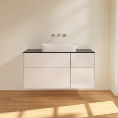 VILLEROY BOCH Finion Waschbeckenunterschrank, mit Beleuchtung, 3 Auszüge, 1200 x 603 x 501 mm, White Matt Lacquer / Glossy White Lacquer / Glass Black Matt #F712GFMT, Bild 2