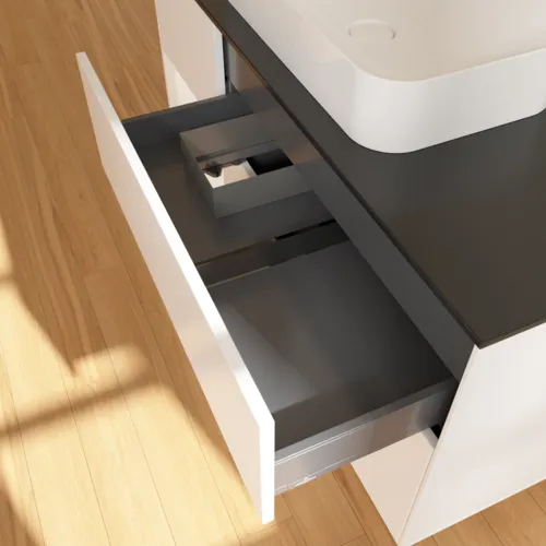 VILLEROY BOCH Finion Waschbeckenunterschrank, mit Beleuchtung, 3 Auszüge, 1200 x 603 x 501 mm, White Matt Lacquer / White Matt Lacquer / Glass Black Matt #F702MTMT, Bild 5