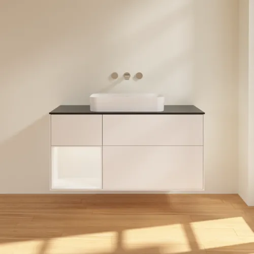 VILLEROY BOCH Finion Waschbeckenunterschrank, mit Beleuchtung, 3 Auszüge, 1200 x 603 x 501 mm, White Matt Lacquer / White Matt Lacquer / Glass Black Matt #F702MTMT, Bild 2