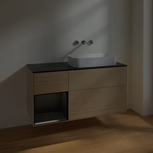 Bild von VILLEROY BOCH Finion Waschbeckenunterschrank, mit Beleuchtung, 3 Auszüge, 1200 x 603 x 501 mm, Oak Veneer / Black Matt Lacquer / Glass Black Matt #F682PDPC