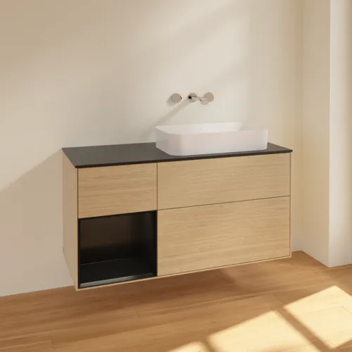 Bild von VILLEROY BOCH Finion Waschbeckenunterschrank, mit Beleuchtung, 3 Auszüge, 1200 x 603 x 501 mm, Oak Veneer / Black Matt Lacquer / Glass Black Matt #F682PDPC