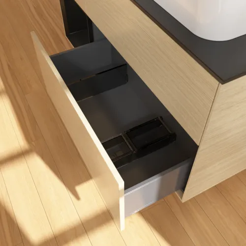 Bild von VILLEROY BOCH Finion Waschbeckenunterschrank, mit Beleuchtung, 3 Auszüge, 1200 x 603 x 501 mm, Oak Veneer / Black Matt Lacquer / Glass Black Matt #F682PDPC