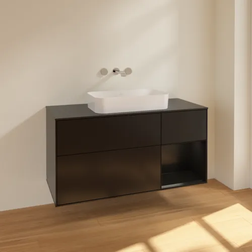 Bild von VILLEROY BOCH Finion Waschbeckenunterschrank, mit Beleuchtung, 3 Auszüge, 1200 x 603 x 501 mm, Black Matt Lacquer / Black Matt Lacquer / Glass Black Matt #F712PDPD