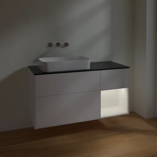 Bild von VILLEROY BOCH Finion Waschbeckenunterschrank, mit Beleuchtung, 3 Auszüge, 1200 x 603 x 501 mm, White Matt Lacquer / White Matt Lacquer / Glass Black Matt #F692MTMT