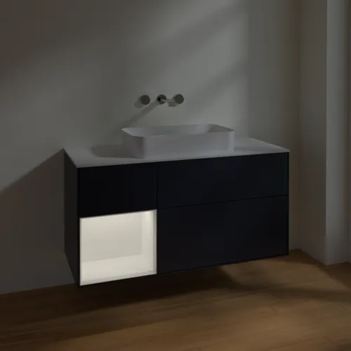 VILLEROY BOCH Finion Waschbeckenunterschrank, mit Beleuchtung, 3 Auszüge, 1200 x 603 x 501 mm, Midnight Blue Matt Lacquer / White Matt Lacquer / Glass White Matt #F701MTHG, Bild 3