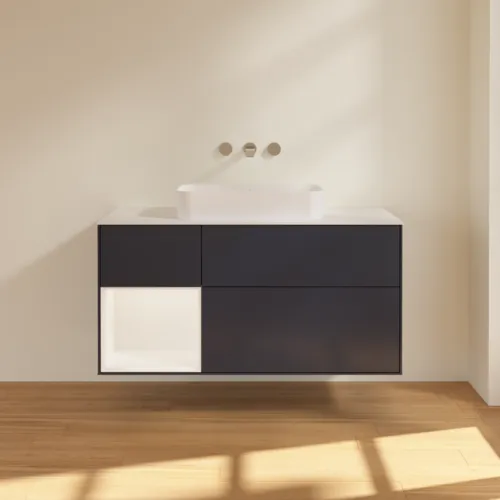 VILLEROY BOCH Finion Waschbeckenunterschrank, mit Beleuchtung, 3 Auszüge, 1200 x 603 x 501 mm, Midnight Blue Matt Lacquer / White Matt Lacquer / Glass White Matt #F701MTHG, Bild 2