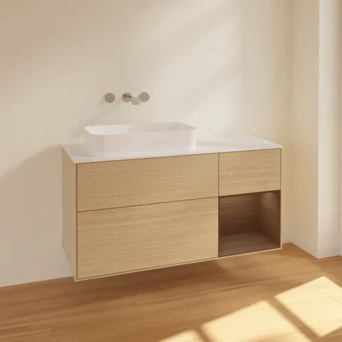 VILLEROY BOCH Finion Waschbeckenunterschrank, mit Beleuchtung, 3 Auszüge, 1200 x 603 x 501 mm, Oak Veneer / Walnut Veneer / Glass White Matt #F691GNPC, Bild 2