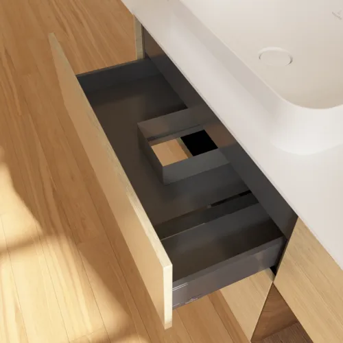 VILLEROY BOCH Finion Waschbeckenunterschrank, mit Beleuchtung, 3 Auszüge, 1200 x 603 x 501 mm, Oak Veneer / Walnut Veneer / Glass White Matt #F691GNPC, Bild 4