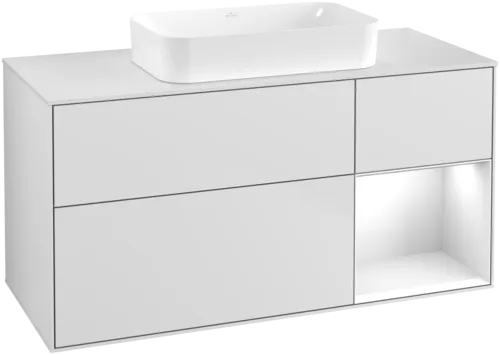 Obrázek VILLEROY BOCH Umyvadlová skříňka Finion, s osvětlením, 3 výsuvy, 1200 x 603 x 501 mm, bílý matný lak / bílý lesklý lak / bílé matné sklo #F711GFMT