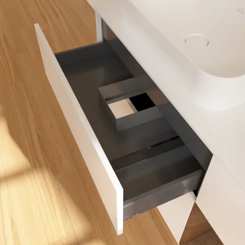 VILLEROY BOCH Finion Waschbeckenunterschrank, mit Beleuchtung, 3 Auszüge, 1200 x 603 x 501 mm, White Matt Lacquer / Walnut Veneer / Glass White Matt #F691GNMT, Bild 5