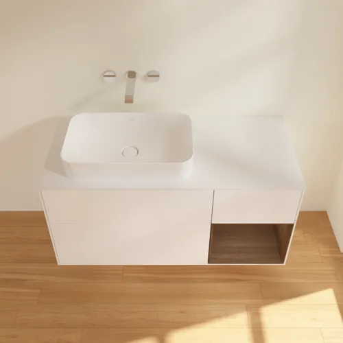 VILLEROY BOCH Finion Waschbeckenunterschrank, mit Beleuchtung, 3 Auszüge, 1200 x 603 x 501 mm, White Matt Lacquer / Walnut Veneer / Glass White Matt #F691GNMT, Bild 3