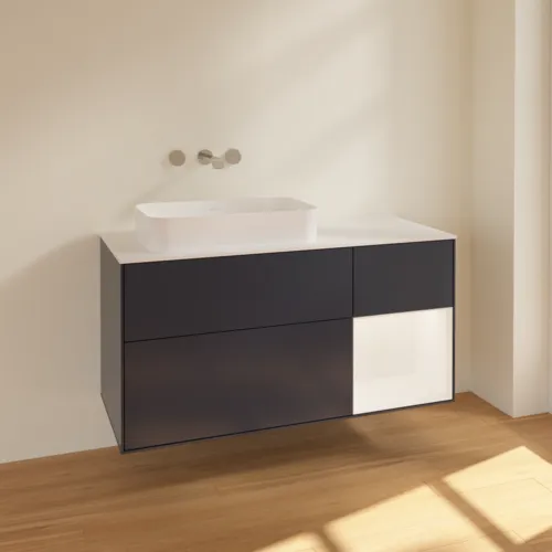 VILLEROY BOCH Finion Waschbeckenunterschrank, mit Beleuchtung, 3 Auszüge, 1200 x 603 x 501 mm, Midnight Blue Matt Lacquer / White Matt Lacquer / Glass White Matt #F691MTHG, Bild 2