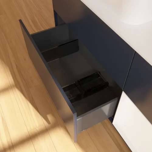 VILLEROY BOCH Finion Waschbeckenunterschrank, mit Beleuchtung, 3 Auszüge, 1200 x 603 x 501 mm, Midnight Blue Matt Lacquer / White Matt Lacquer / Glass White Matt #F691MTHG, Bild 5