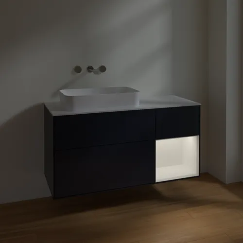 VILLEROY BOCH Finion Waschbeckenunterschrank, mit Beleuchtung, 3 Auszüge, 1200 x 603 x 501 mm, Midnight Blue Matt Lacquer / White Matt Lacquer / Glass White Matt #F691MTHG, Bild 4