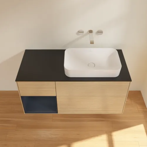 VILLEROY BOCH Finion Waschbeckenunterschrank, mit Beleuchtung, 3 Auszüge, 1200 x 603 x 501 mm, Oak Veneer / Midnight Blue Matt Lacquer / Glass Black Matt #F682HGPC, Bild 4
