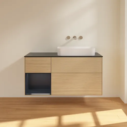 VILLEROY BOCH Finion Waschbeckenunterschrank, mit Beleuchtung, 3 Auszüge, 1200 x 603 x 501 mm, Oak Veneer / Midnight Blue Matt Lacquer / Glass Black Matt #F682HGPC, Bild 3