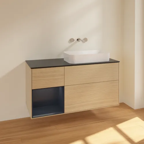 VILLEROY BOCH Finion Waschbeckenunterschrank, mit Beleuchtung, 3 Auszüge, 1200 x 603 x 501 mm, Oak Veneer / Midnight Blue Matt Lacquer / Glass Black Matt #F682HGPC, Bild 2