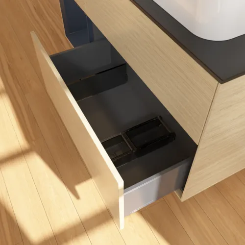 VILLEROY BOCH Finion Waschbeckenunterschrank, mit Beleuchtung, 3 Auszüge, 1200 x 603 x 501 mm, Oak Veneer / Midnight Blue Matt Lacquer / Glass Black Matt #F682HGPC, Bild 6