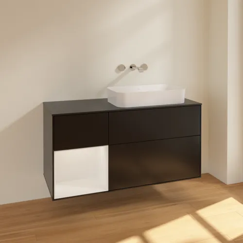 Bild von VILLEROY BOCH Finion Waschbeckenunterschrank, mit Beleuchtung, 3 Auszüge, 1200 x 603 x 501 mm, Black Matt Lacquer / Glossy White Lacquer / Glass Black Matt #F682GFPD