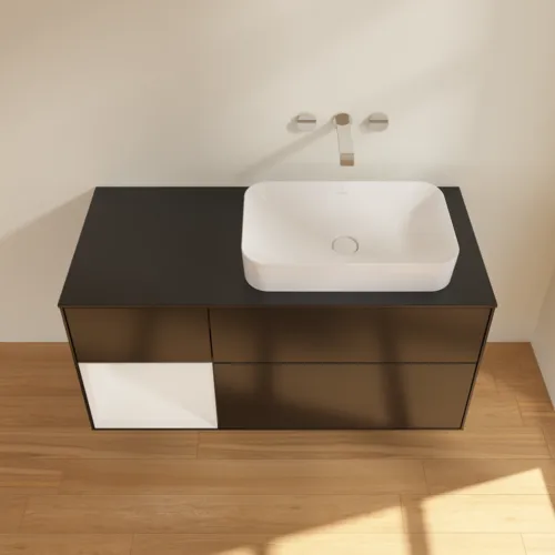 Bild von VILLEROY BOCH Finion Waschbeckenunterschrank, mit Beleuchtung, 3 Auszüge, 1200 x 603 x 501 mm, Black Matt Lacquer / Glossy White Lacquer / Glass Black Matt #F682GFPD