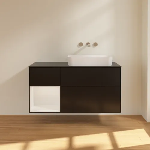 Bild von VILLEROY BOCH Finion Waschbeckenunterschrank, mit Beleuchtung, 3 Auszüge, 1200 x 603 x 501 mm, Black Matt Lacquer / Glossy White Lacquer / Glass Black Matt #F682GFPD