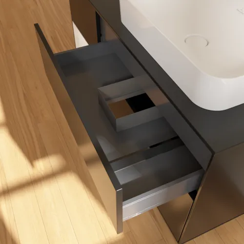 Bild von VILLEROY BOCH Finion Waschbeckenunterschrank, mit Beleuchtung, 3 Auszüge, 1200 x 603 x 501 mm, Black Matt Lacquer / Glossy White Lacquer / Glass Black Matt #F682GFPD