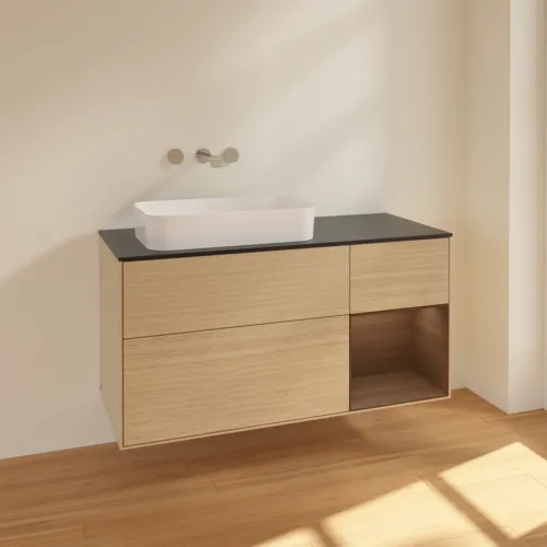 Bild von VILLEROY BOCH Finion Waschbeckenunterschrank, mit Beleuchtung, 3 Auszüge, 1200 x 603 x 501 mm, Oak Veneer / Walnut Veneer / Glass Black Matt #F692GNPC