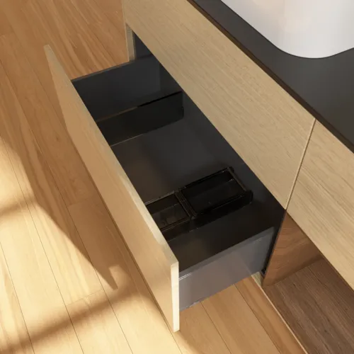 Bild von VILLEROY BOCH Finion Waschbeckenunterschrank, mit Beleuchtung, 3 Auszüge, 1200 x 603 x 501 mm, Oak Veneer / Walnut Veneer / Glass Black Matt #F692GNPC