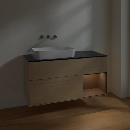 Bild von VILLEROY BOCH Finion Waschbeckenunterschrank, mit Beleuchtung, 3 Auszüge, 1200 x 603 x 501 mm, Oak Veneer / Walnut Veneer / Glass Black Matt #F692GNPC