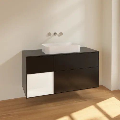 VILLEROY BOCH Finion Waschbeckenunterschrank, mit Beleuchtung, 3 Auszüge, 1200 x 603 x 501 mm, Black Matt Lacquer / White Matt Lacquer / Glass Black Matt #F702MTPD, Bild 2