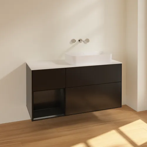 VILLEROY BOCH Finion Waschbeckenunterschrank, mit Beleuchtung, 3 Auszüge, 1200 x 603 x 501 mm, Black Matt Lacquer / Black Matt Lacquer / Glass White Matt #F681PDPD, Bild 2