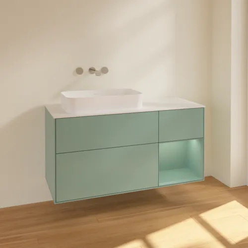 VILLEROY BOCH Finion Waschbeckenunterschrank, mit Beleuchtung, 3 Auszüge, 1200 x 603 x 501 mm, Olive Matt Lacquer / Olive Matt Lacquer / Glass White Matt #F691GMGM, Bild 2