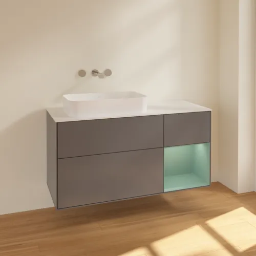 Bild von VILLEROY BOCH Finion Waschbeckenunterschrank, mit Beleuchtung, 3 Auszüge, 1200 x 603 x 501 mm, Anthracite Matt Lacquer / Olive Matt Lacquer / Glass White Matt #F691GMGK