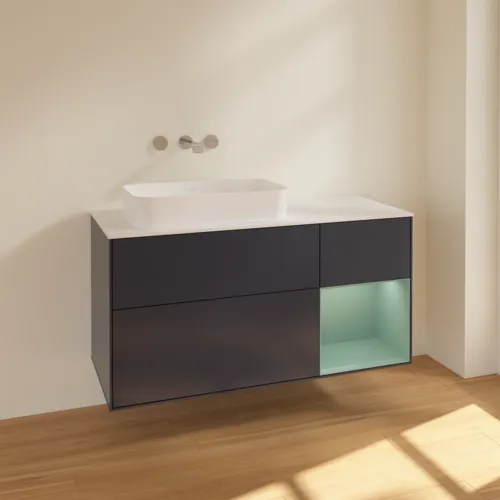 Bild von VILLEROY BOCH Finion Waschbeckenunterschrank, mit Beleuchtung, 3 Auszüge, 1200 x 603 x 501 mm, Midnight Blue Matt Lacquer / Olive Matt Lacquer / Glass White Matt #F691GMHG