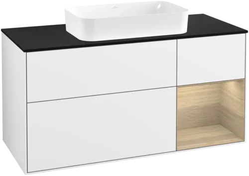 VILLEROY BOCH Finion Vanity unit, with lighting, 3 pull-out compartments, 1200 x 603 x 501 mm, Glossy White Lacquer / Oak Veneer / Glass Black Matt #F712PCGF resmi
