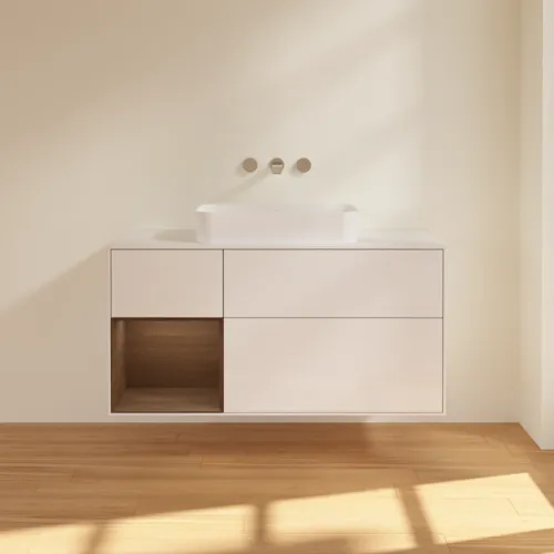 VILLEROY BOCH Finion Waschbeckenunterschrank, mit Beleuchtung, 3 Auszüge, 1200 x 603 x 501 mm, Glossy White Lacquer / Walnut Veneer / Glass White Matt #F701GNGF, Bild 3