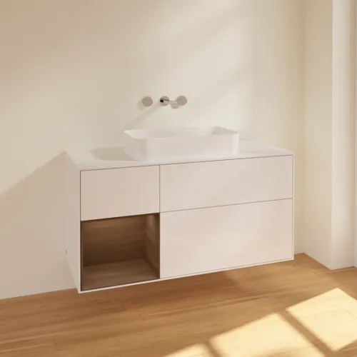 VILLEROY BOCH Finion Waschbeckenunterschrank, mit Beleuchtung, 3 Auszüge, 1200 x 603 x 501 mm, Glossy White Lacquer / Walnut Veneer / Glass White Matt #F701GNGF, Bild 2