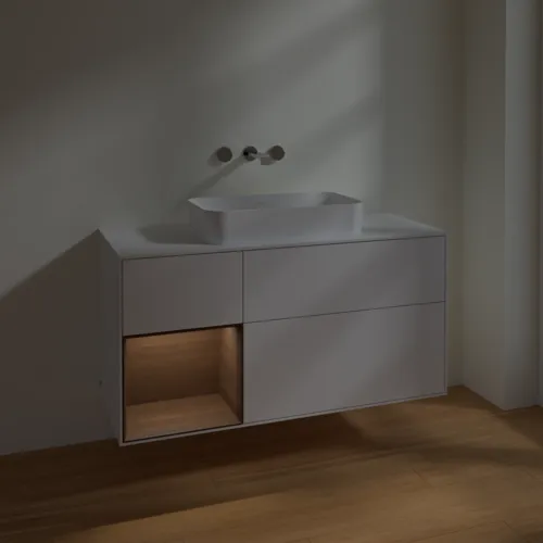 VILLEROY BOCH Finion Waschbeckenunterschrank, mit Beleuchtung, 3 Auszüge, 1200 x 603 x 501 mm, Glossy White Lacquer / Walnut Veneer / Glass White Matt #F701GNGF, Bild 4
