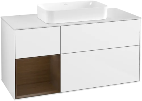 VILLEROY BOCH Finion Vanity unit, with lighting, 3 pull-out compartments, 1200 x 603 x 501 mm, Glossy White Lacquer / Walnut Veneer / Glass White Matt #F701GNGF resmi